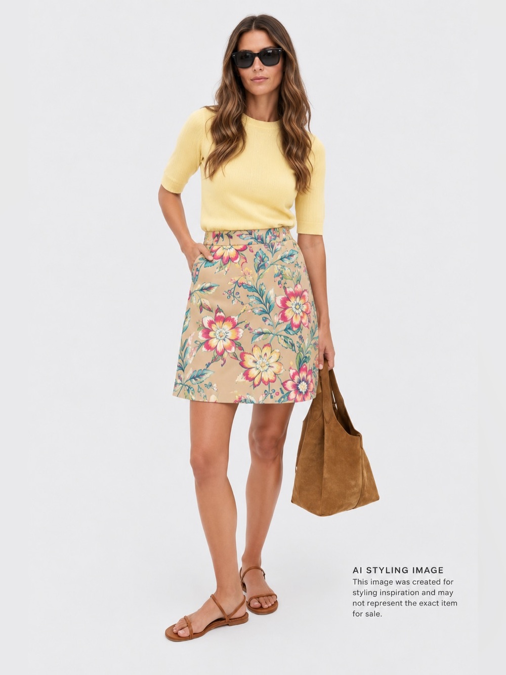 Talbots Beige A-line Cotton Midi Skirt with Pink & Teal Floral Print Size 8